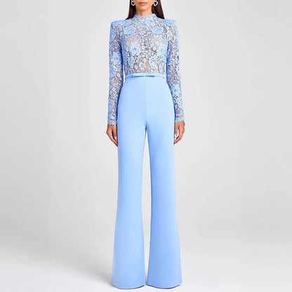 Jacquard Lace High-waisted Women Jumpsuit Embroidery Crochet Office Straight Playsuit Sexy See Through Hollow Flare Pants Romper.