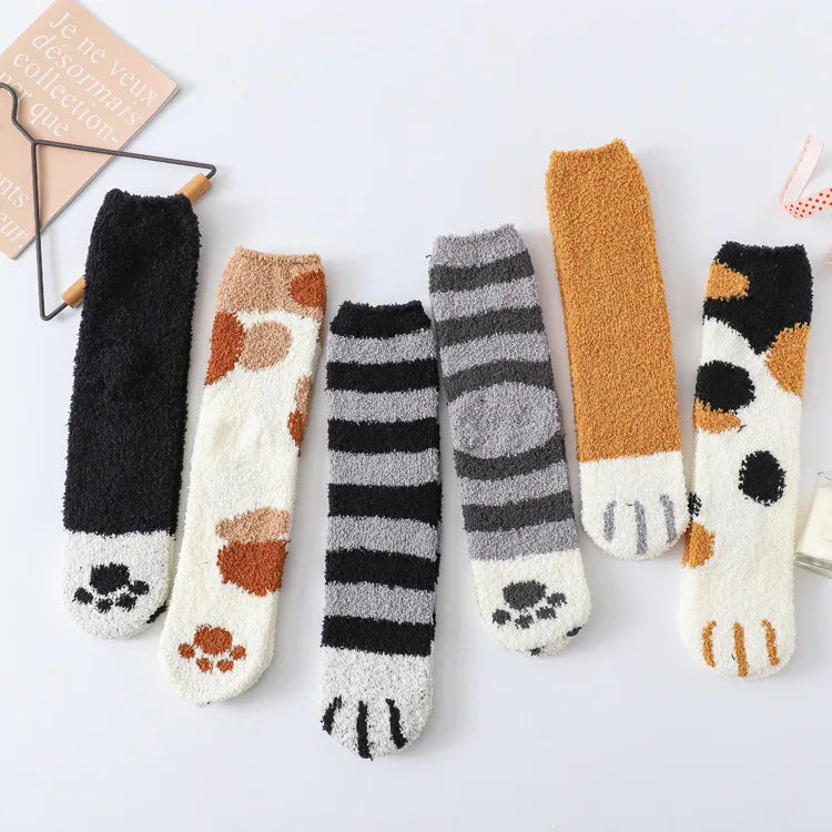 Women Winter Warm Fluffy Socks Cute Animal Claw Cat Paw Footprint Fuzzy Socks Female Thick Coral Fleece Home Floor Sleep Socks.