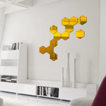 12PCS/Lot Removable Geometric Mirror Wall Stickers - Solid Hexagonal Shape, DIY with Built-in Adhesive for Home Decoration.