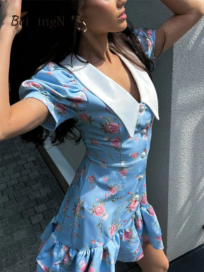 Beiyingni Neue In frauen Kleid Elegante Französisch Mode Schlank Kurzarm Mini Kleider Weibliche Rüschen Tasten V-ausschnitt Kurze Vestido.