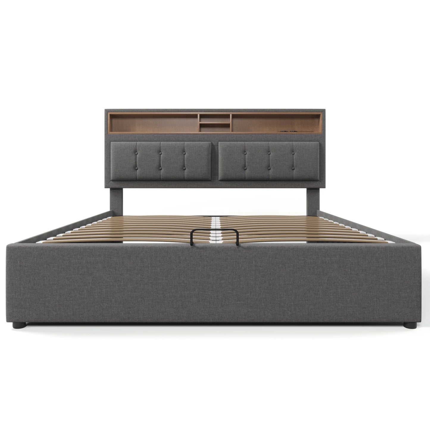 Polsterbett 160x200cm, Doppelbett mit USB C Steckdose Ladefunktion Kopfteil, Stauraumbett mit lattenrost, Leinen, Ohne Matratze