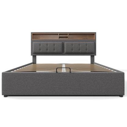 Polsterbett 160x200cm, Doppelbett mit USB C Steckdose Ladefunktion Kopfteil, Stauraumbett mit lattenrost, Leinen, Ohne Matratze