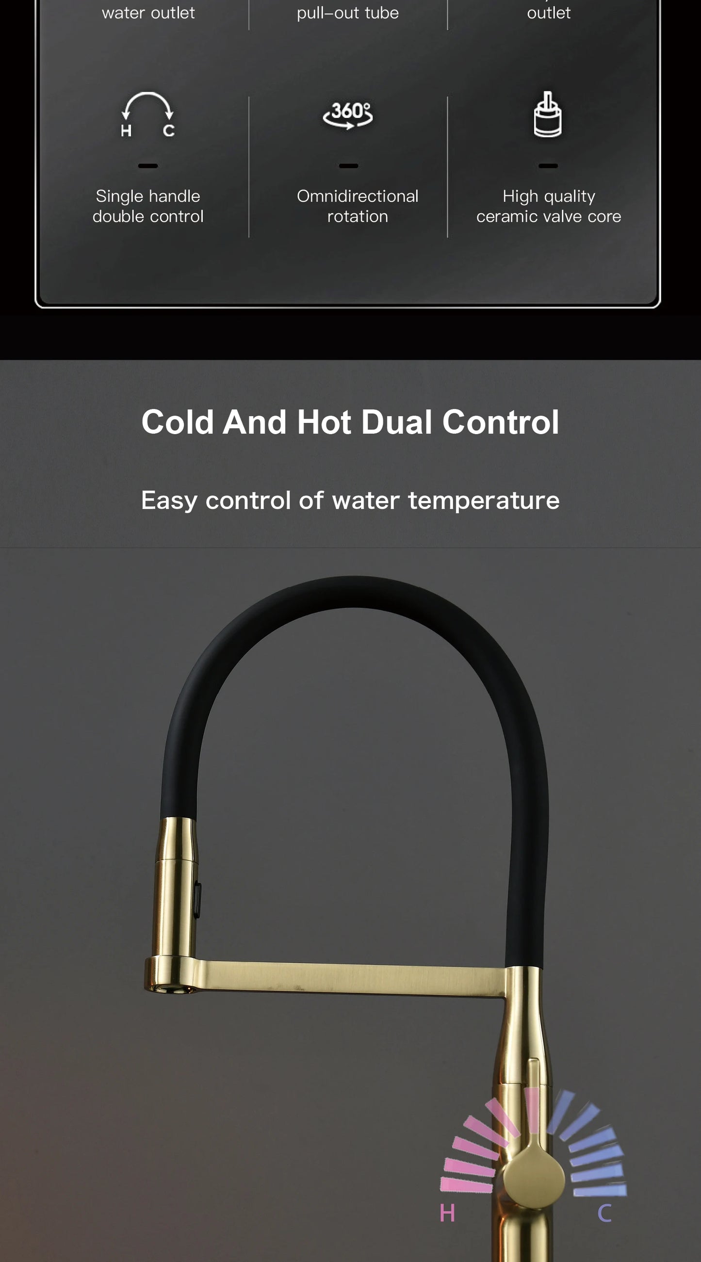 Luxury Brushed Gold Brass Pull Out Kitchen Faucet with Ceramic Cartridge Hot Cold Water Sink Tap Modern High End Sprayer Durable