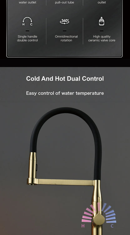 Luxury Brushed Gold Brass Pull Out Kitchen Faucet with Ceramic Cartridge Hot Cold Water Sink Tap Modern High End Sprayer Durable