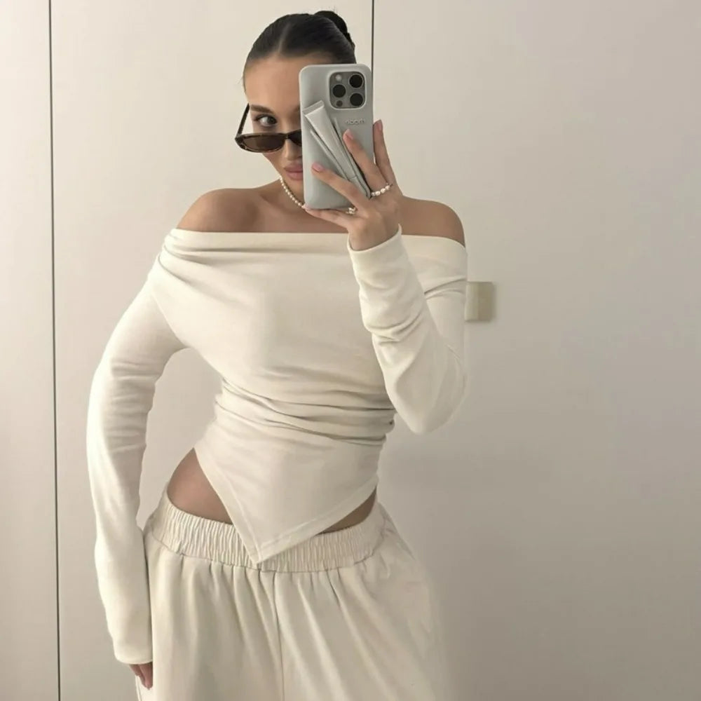 Autumn Winter Casual Pant Sets for Women Sexy Off The Shoulder Top and Long Pant Outfits Fashion Irregular Two Piece Set 2025.