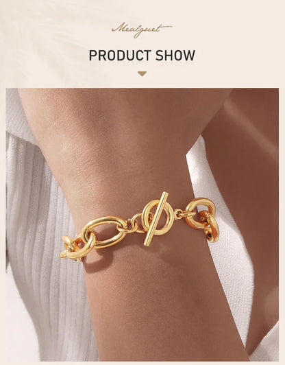 Chunky Bold Toggle Bracelets for Women, Stainless Steel OT Buckle Link Chain Bracelet Gold Plated Tarnish Free.