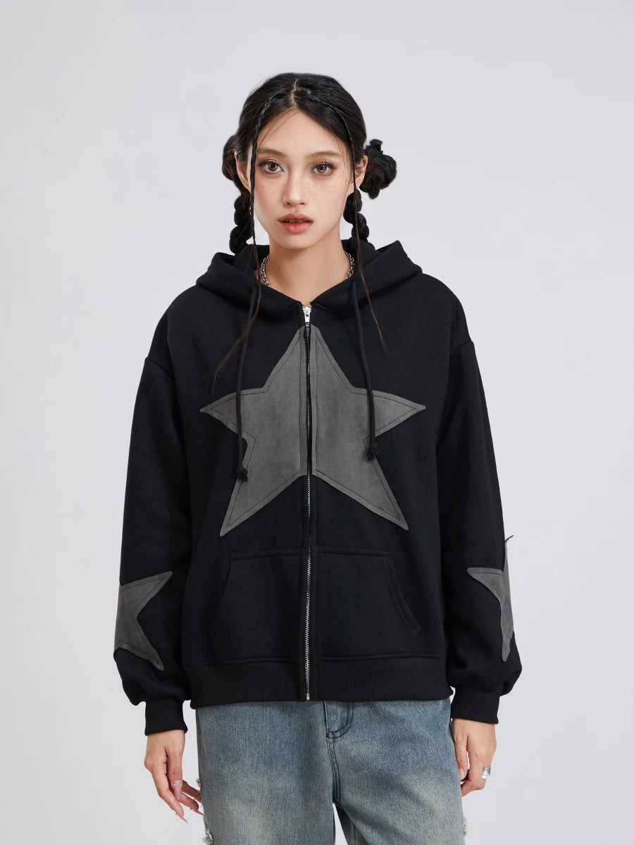 Y2K Vintage Star Print Hooded Hoodie for Women Casual Loose Long Sleeve Zip Up Drawstring Sweatshirts Autumn Spring Coat Street.