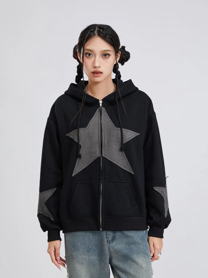 Y2K Vintage Star Print Hooded Hoodie for Women Casual Loose Long Sleeve Zip Up Drawstring Sweatshirts Autumn Spring Coat Street.