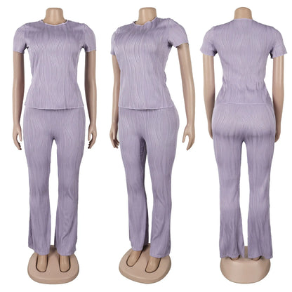 Two Piece Sets Women Pants Set Matching Sets Short Sleeve Solid Casual Tops Long Pants High Waist Bodycon Y2k Streetwear 2025