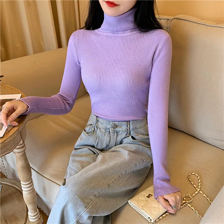 2023 herbst Winter Frauen Langarm Gestrickte Foldover Rollkragen Rippen Pull Pullover Weiche Warme Femme Jumper Pullover Kleidung.