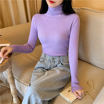 2023 herbst Winter Frauen Langarm Gestrickte Foldover Rollkragen Rippen Pull Pullover Weiche Warme Femme Jumper Pullover Kleidung.