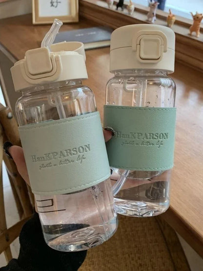 500ml Portable Water Bottle with Straw Creative Cute Leak-proof Plastic Drinking Bottle Milk Coffee Tea Juice Cup Drinkware.