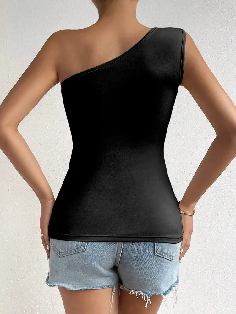 Women One Shoulder Pleated Tank Top Summer Solid Sleeveless Ruched T-shirt Streetwear Off the Shoulder Top.