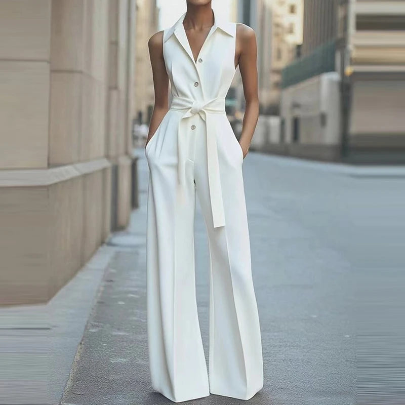 Elegant Lapel Collar Commuter Long Jumpsuits Women Casual Sleeveless Solid Romper Office Fashion Button Lace-Up Waist Playsuits.