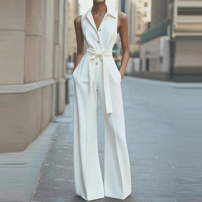 Elegant Lapel Collar Commuter Long Jumpsuits Women Casual Sleeveless Solid Romper Office Fashion Button Lace-Up Waist Playsuits.