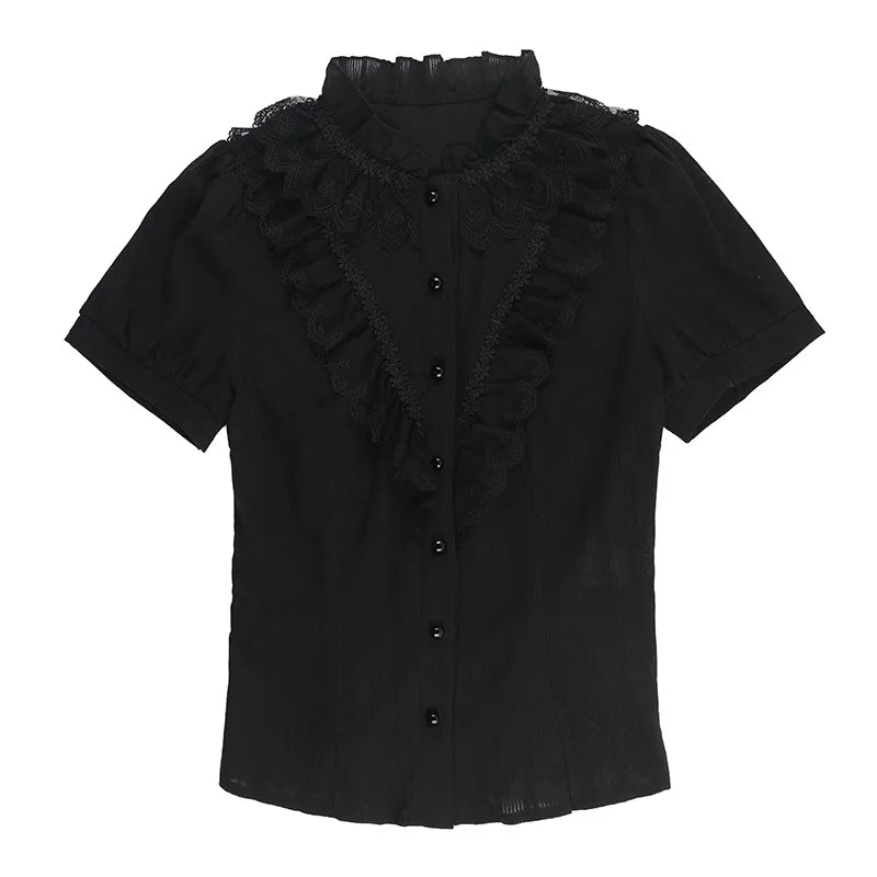 Sweet Lolita Cotton Shirts Women Vintage Gothic Black White Jacquard Short Sleeve Blouses Elegant Office Lady Y2k Tops.