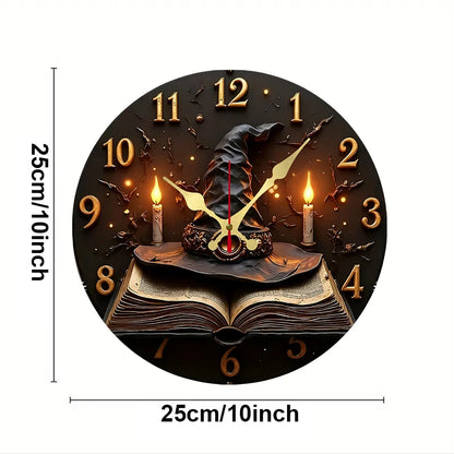 Wizard Hat & Books Runde, geräuschlose Wanduhr aus Holz zum Aufhängen, geeignet für Wohnzimmer, Büro, Arbeitszimmer, Schlafzimmer, Heimdekoration