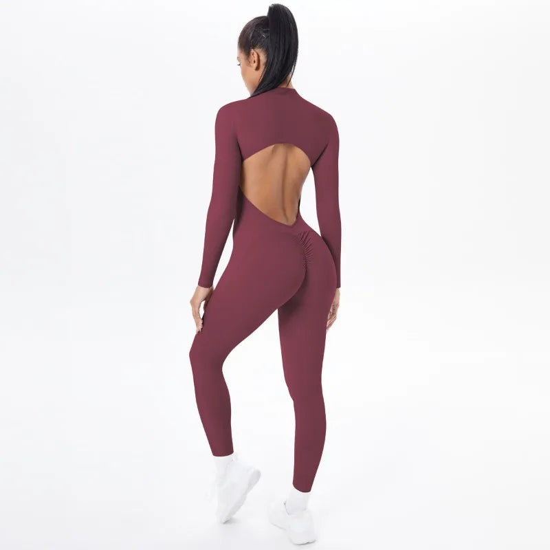 Women's Long Yoga Bodysuit with Half-Zip Sexy Back & Butt Lift for Fitness Running Outdoor Sportswear