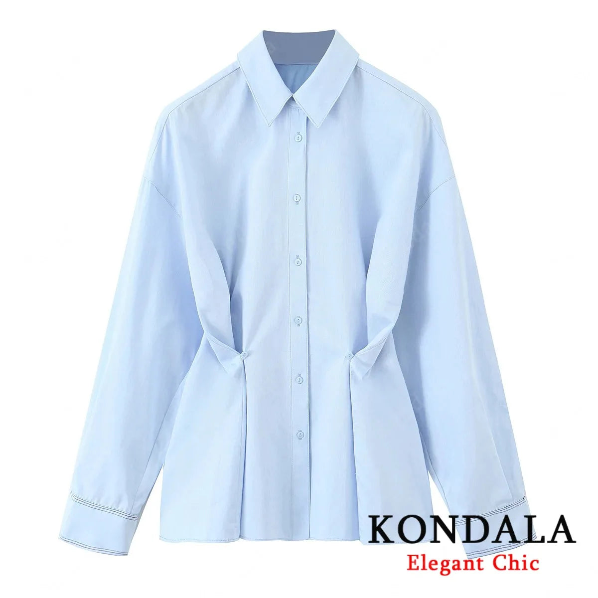KONDALA Fall Women Elegant Blue Shirt Lapel Waist Buttons Shirt Office Lady Tops New 2025 Spring Autumn Fashion Commuter Shirt.