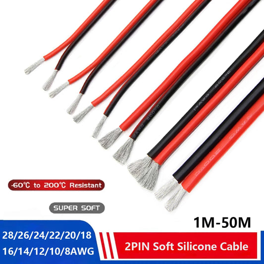 Super Soft 2 Pin Black Red Silicone Cable 28awg 26 24 22 20 18 16 14 12awg 10awg 8awg High Temperature Resistant Tin-Copper Wire.