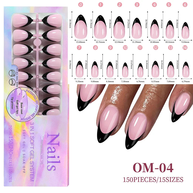 150Pcs/Box Acrylic Press on Nails Full Cover Fake False Tips Soft Gel Extension T-shaped Oval Capsule Almond Sculpted Salon DIY