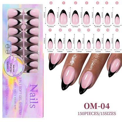 150Pcs/Box Acrylic Press on Nails Full Cover Fake False Tips Soft Gel Extension T-shaped Oval Capsule Almond Sculpted Salon DIY