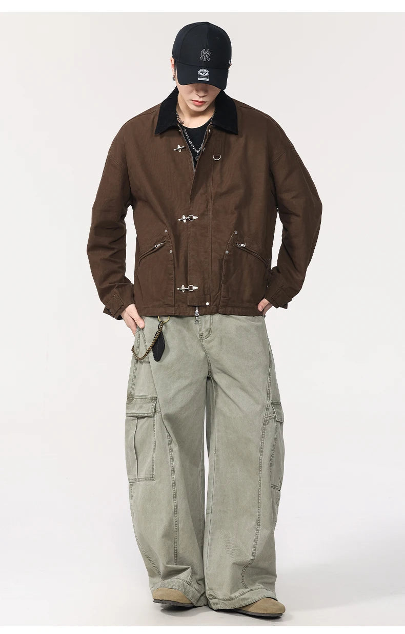 Men Washed Cotton Metal Buckle Streetwear Vintage Loose Casual Short Bomber Cargo Jacket Couple Spring Autumn Coat Outerwear.