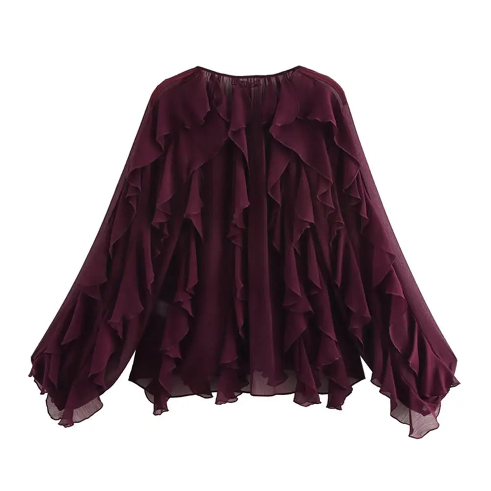 Women Fashion With Ruffles Semi-sheer Blouses V Neck Long Sleeve Button-up Female Shirts Chic Tops.