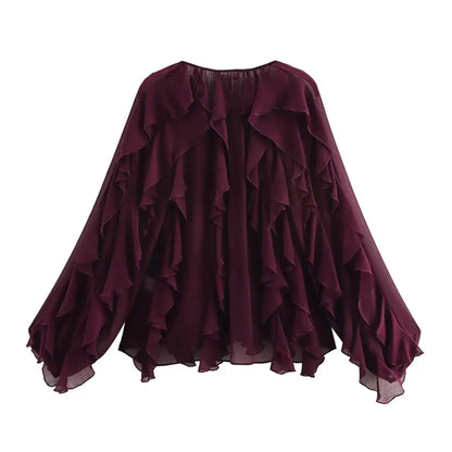 Women Fashion With Ruffles Semi-sheer Blouses V Neck Long Sleeve Button-up Female Shirts Chic Tops.