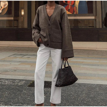 Damenjacke mit V-Ausschnitt, einfarbig, langärmelig, Strickjacke, modischer, lockerer, lässiger Pullover.