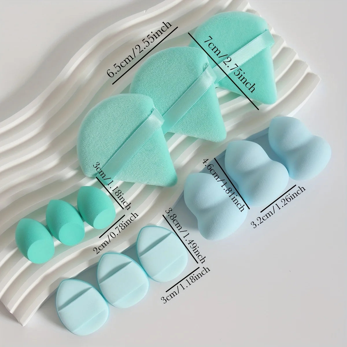 12-Piece All-Purpose Makeup Sponge Set, Made of 3 Loose Powder Puffs, 3 Mini Air Cushion Puffs, 3 Beauty Eggs and 3 Mini Beauty.