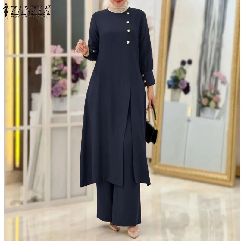 ZANZEA Muslim Abaya Suit Elegant Women Matching Sets Fashion Long Shirt Tops & Wide Leg Pants Ramadan Outfits Urban Tracksuits.