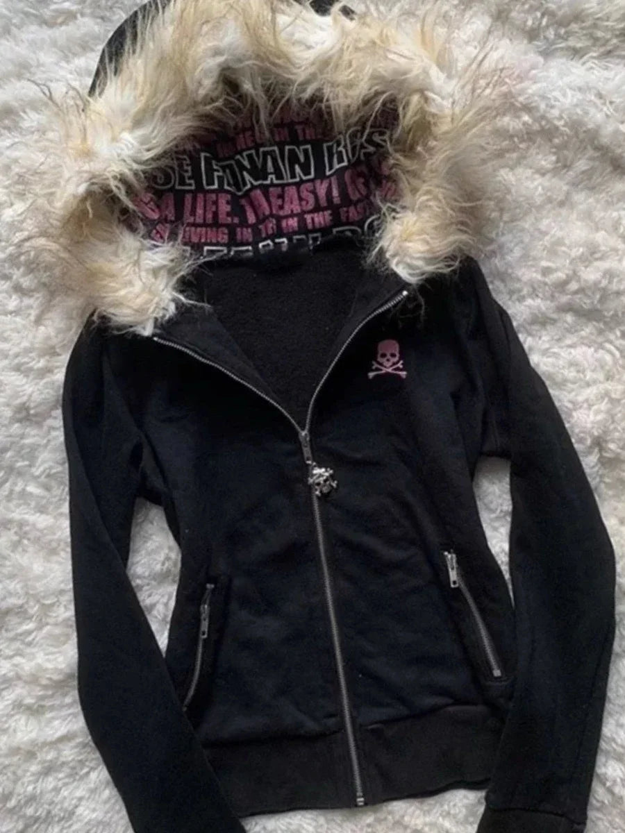 Y2K Black Fur Collar Zipper Sweatshirt Hoodie Sexy Women Sweatshirt Harajuku Goth Letter Graphic Print Slim Coat Winter Clothes.