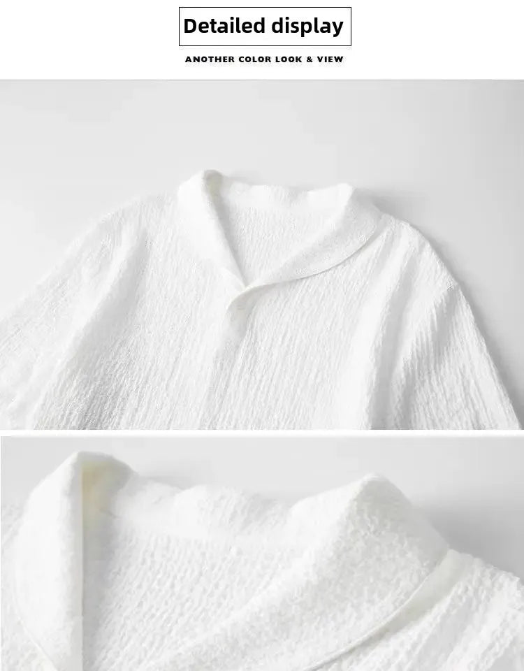 Summer Lightweight Pleated Cotton Casual Sports Set Men's Thin Comfortable Breathable Fashionable Collar Short Sleeve Two-Piece.