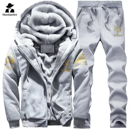 2024 New Winter Thick Men Sports Suit Tracksuit Hooded Sportswear Zipper Cardigan Hooded Woolen Trousers Pants Casual Men Set.