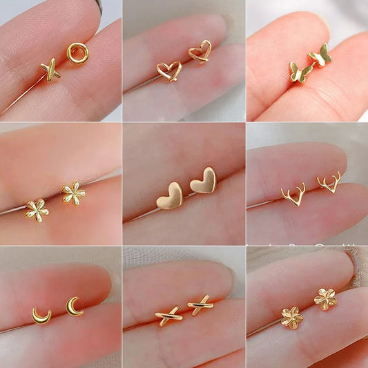silver-plate Gold Color Mini Small Butterfly Heart Stud Earring For Women Cartilage Helix Tragus Ear Piercing Jewelry Gift.