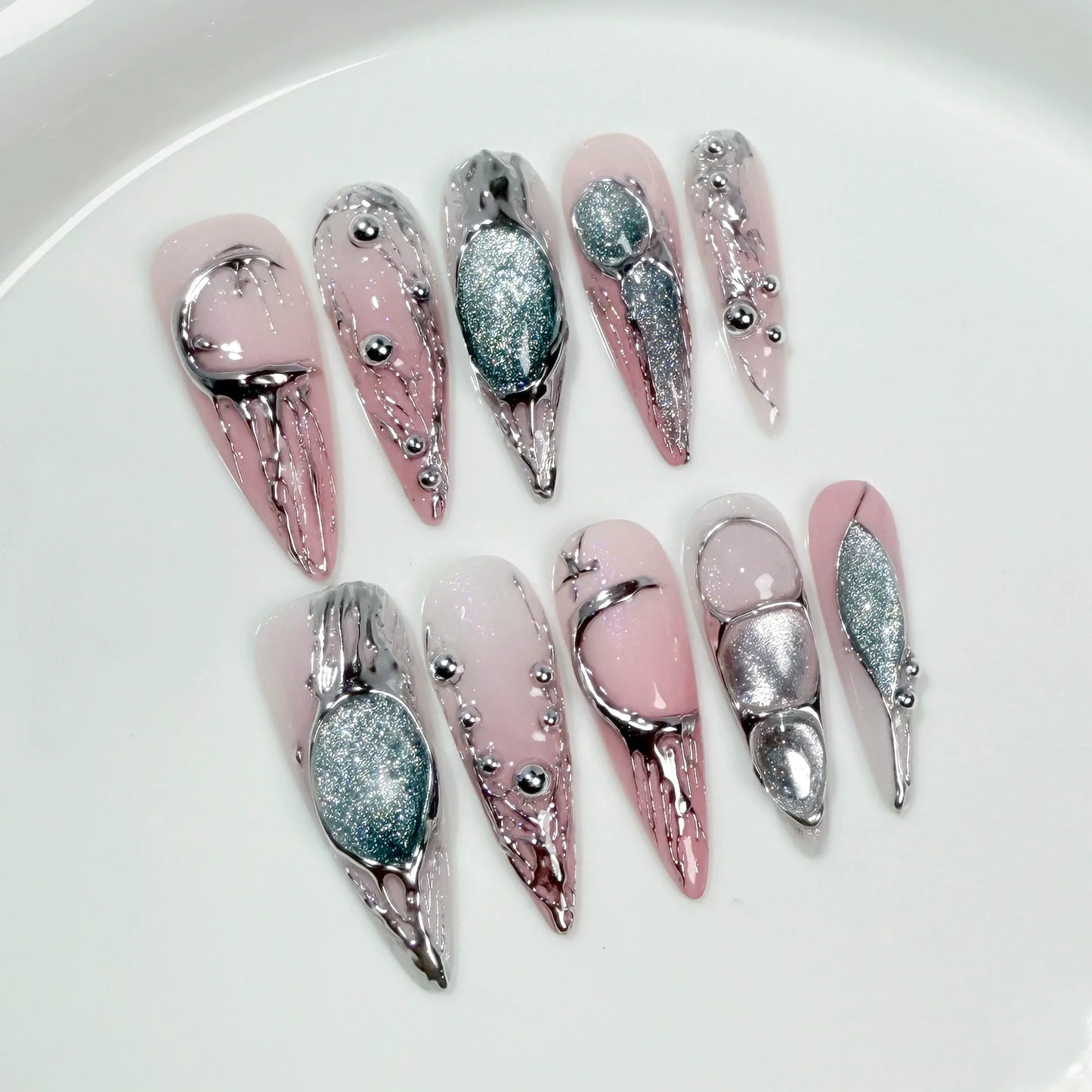 10Pcs Black Handmade Press On Nails Coffin Fake Nails Full Cover Gradient Metal Contrast Artificial Manicure Wearable Nail Tips.