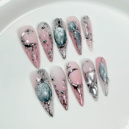 10Pcs Black Handmade Press On Nails Coffin Fake Nails Full Cover Gradient Metal Contrast Artificial Manicure Wearable Nail Tips.