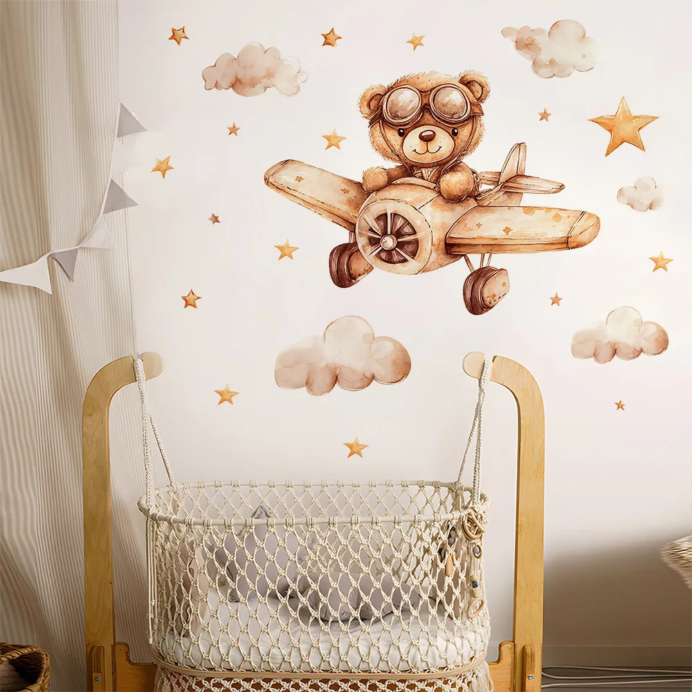 Cute Bear Moon Star Wall Stickers for Kids Rooms Girls Boys Baby Room Decoration Kawaii Cartoon Animal Nursery Wallpaper Vinyl