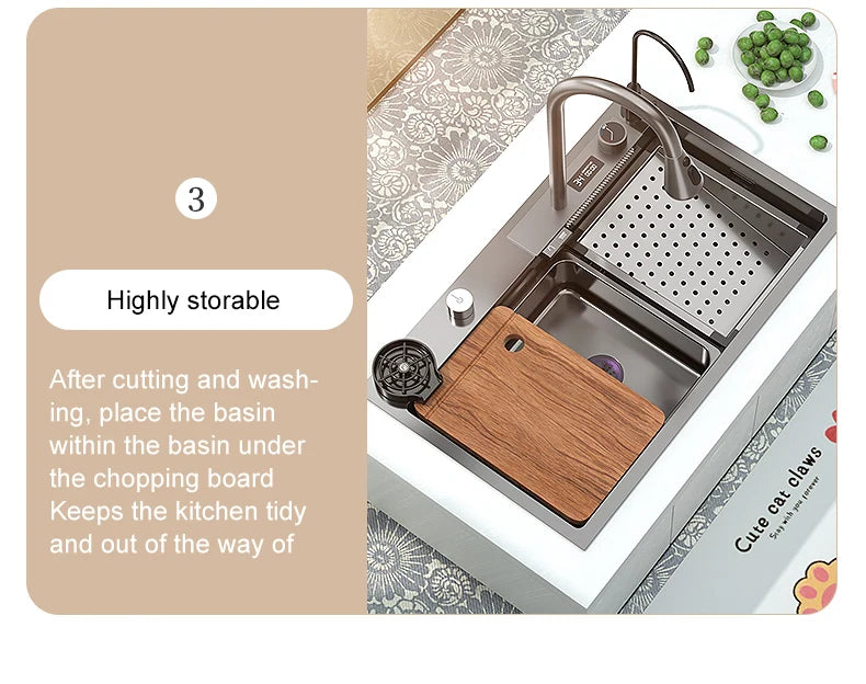 Waterfall Sink Kitchen Stainless Steel Topmount Sink Large Single Slot Wash Basin With Multifunction Touch Waterfall Faucet