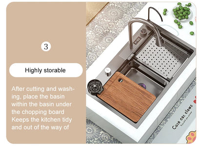 Waterfall Sink Kitchen Stainless Steel Topmount Sink Large Single Slot Wash Basin With Multifunction Touch Waterfall Faucet