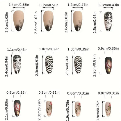 24Pcs Horror Comic Tomie Press on Nails Almond Glossy Black Japanese Anime Nails Reusable Halloween False Nail Tips for Girls.