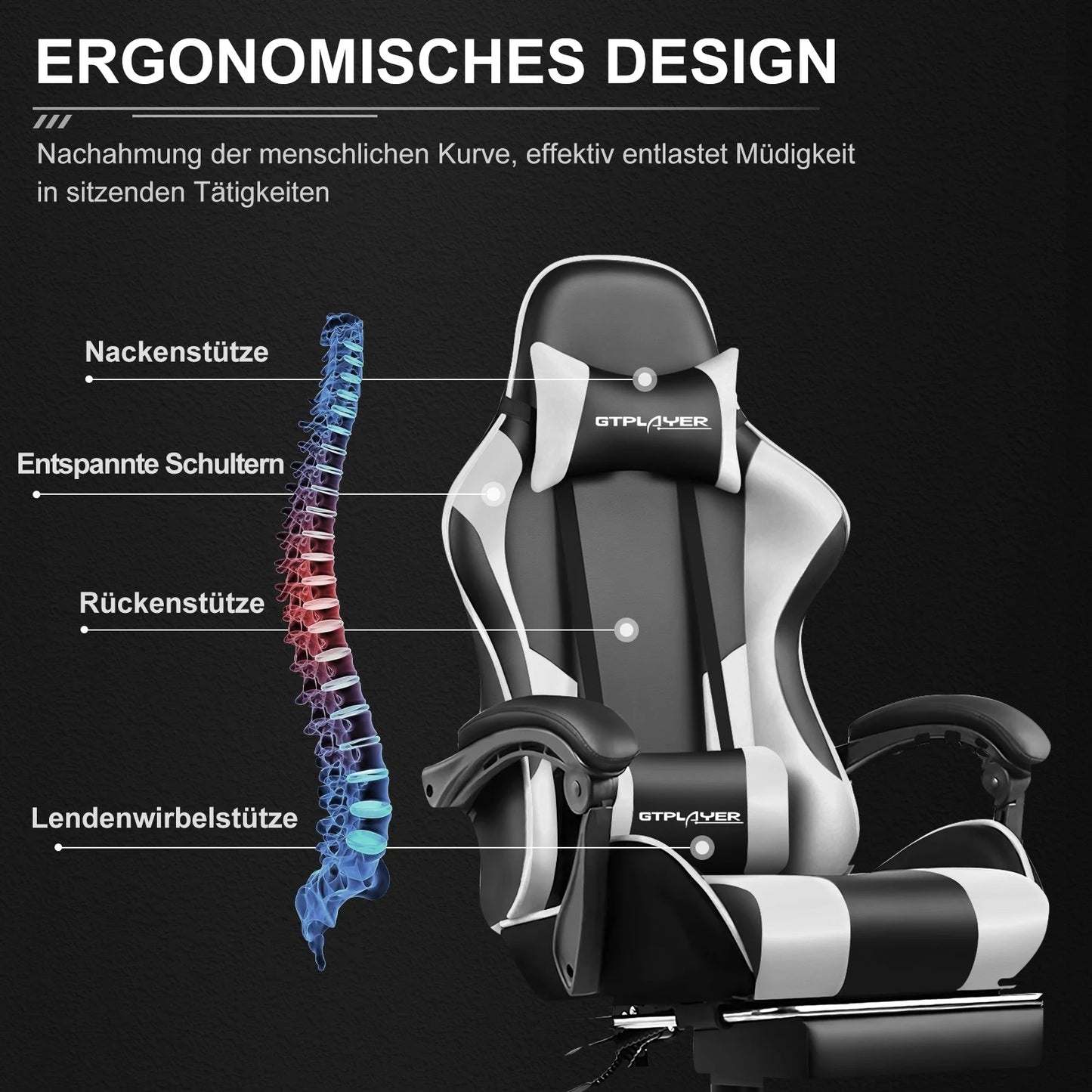 GTPLAYER Gaming Stuhl mit Massage, Ergonomischer Schreibtischstuhl mit Fußstütze, Kopfstütze, Drehstuhl für Büro und Gamer