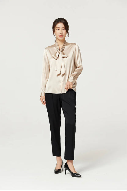 Heavyweight Mulberry Silk Shirt Women's 2025 Spring And Autumn New Long Sleeve Satin Silk Blouse V-neck Bow Ribbon Shirt