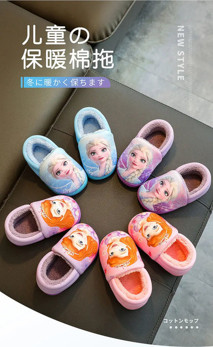 Disney Princess Elsa Winter Children's Heel Cotton Slippers Girls' Warm Frozen Kids' Cotton Black Purple Flats Shoes Size 24-40.