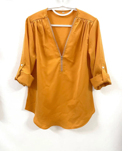 2024 Quality HotSale Plus Size Deep V Neck Women Blouse Chiffon Cool Loose Shirt Fashion Casual Ladies Tops Sexy Zipper Pullover