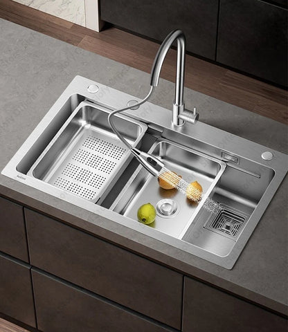Küchenspüle aus Edelstahl 304, großes Fassungsvermögen, Wasch-/Schnitt-/Abfluss in einem, komplettes Set, multifunktionale Gemüse-Arbeitsstation für den Haushalt