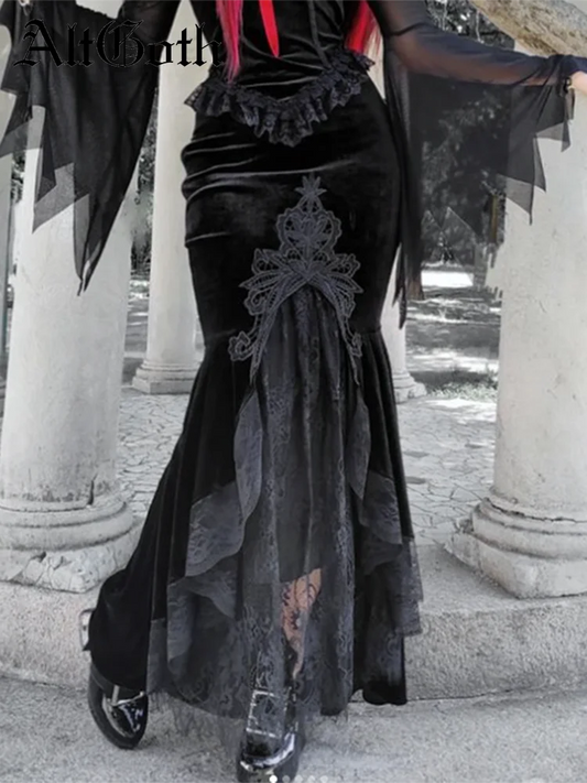 AltGoth Vintage Gothic Dark Velvet Dress Women Fairycore Grunge Lace Patchwork Trumpet Skirt Streetwear Partywear Emo Alt Skirts.