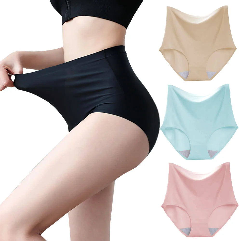 Women's underwear ice silk High waist Seamless Panties soft Lingerie Slimming Abdomen In Hip Lift plus size Breathable Briefs.