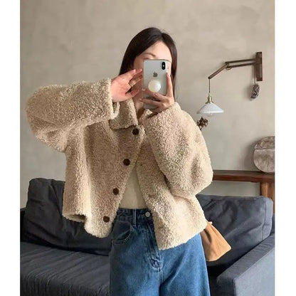 Frauen Herbst Winter Doppel Fleece Warme Verdicken Jacke drehen-unten Einreiher Kurze Oberbekleidung Lose Mode Lässig Mantel.